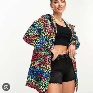 BRAVE SOUL Light Festival Rain Mac in Rainbow Animal Print